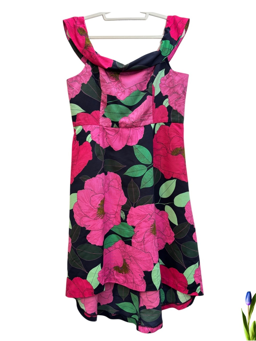 New York & Company Navy Dress with Bright Pink Floral Print and Green Leaves